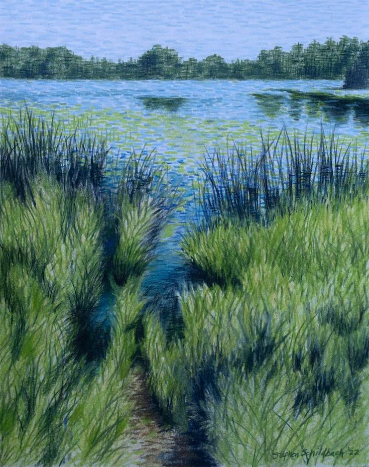 an oil painting of grass and water