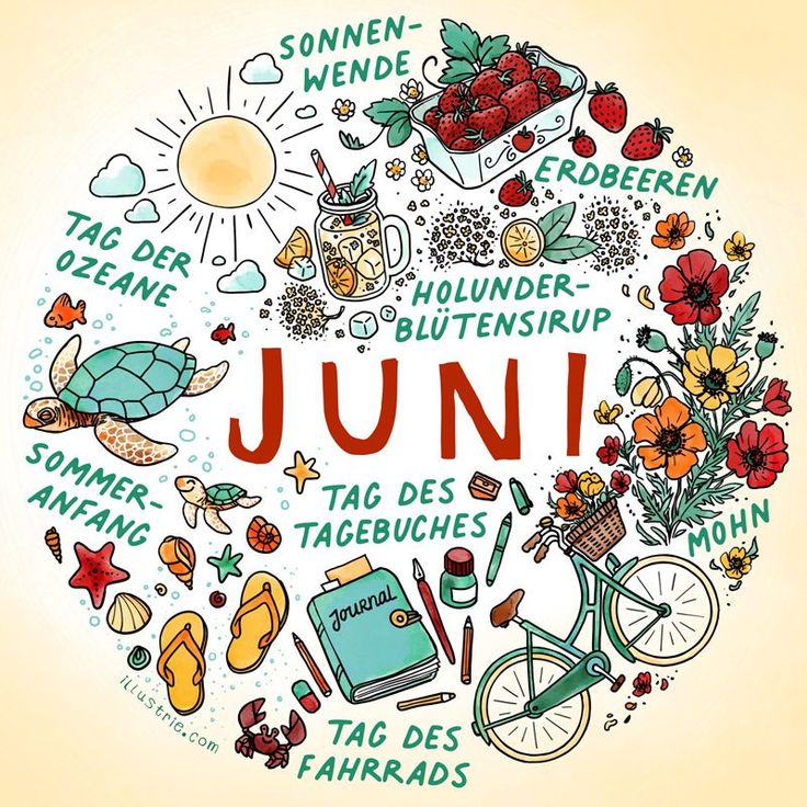 the word june written in different languages and surrounded by various items such as flowers, leaves, berries, books