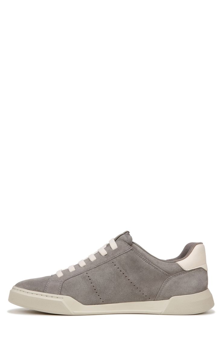 Slight perforations lend superior breathability to the smooth leather upper of this low-profile lace-up sneaker. Leather upper and lining/rubber sole Imported Leather High-top Slip-on Sneakers For Light Sports, High-top Leather Slip-on Sneakers For Light Sports, Leather Sneakers With Vented Sides For Sports, Slip-on Sneakers With Textured Sole And Plain Toe, Gray Plain Toe Sneakers With Rubber Sole, Modern Gray Sneakers With Vented Sides, Casual Sneakers With Vented Sides And Round Toe, Suede Sneakers With Vented Sides And Round Toe, Slip-on Sneakers With Branded Insole