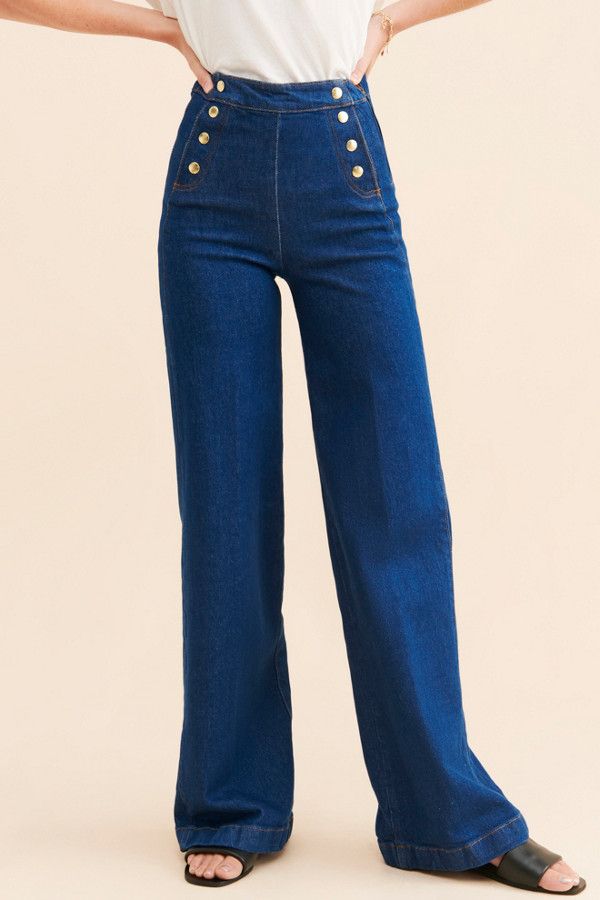 Rent Sailor Snap Wide Leg Jeans from Nuuly. Pick 6 items for $98/month. Free shipping + returns. Sailor Jeans, Rental Ideas, Luxury Jeans, Sailor Jean, Clothing Rental, Sailor Fashion, Button Design, Wide Leg Jeans, Denim Fashion