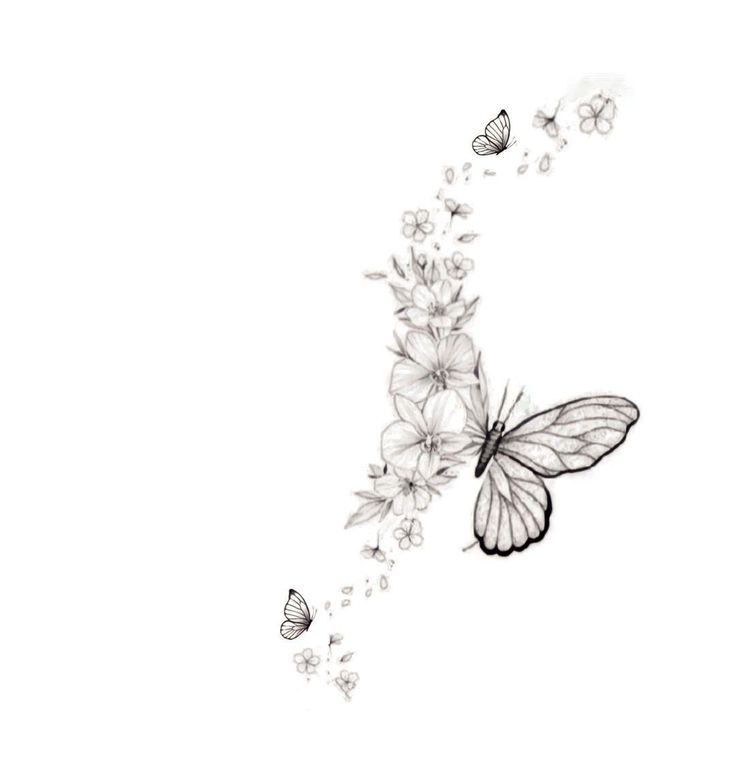 a drawing of a butterfly flying over flowers