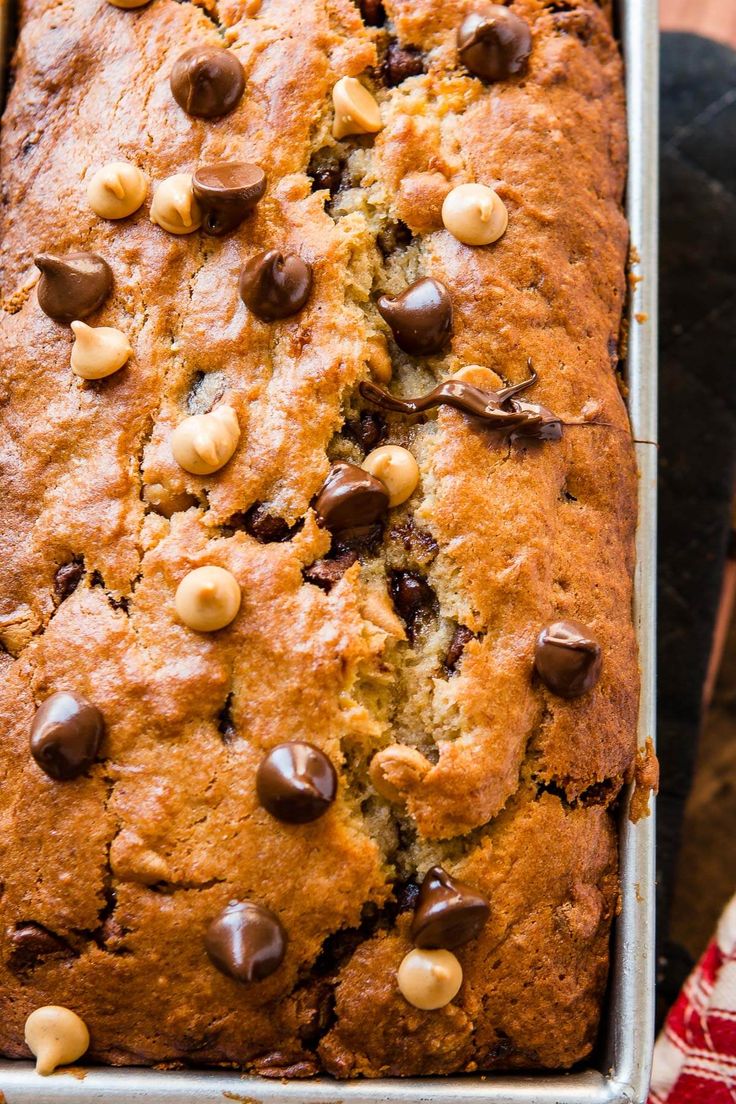 a loaf of chocolate chip banana bread in a pan