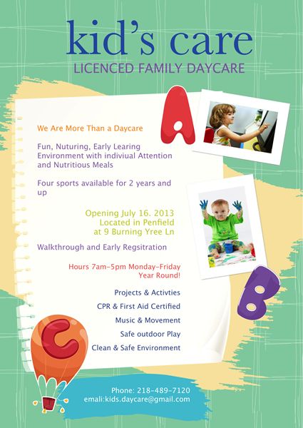 the flyer for kids's care is shown