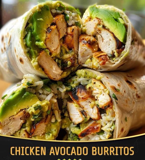 chicken and avocado burritos are stacked on top of each other