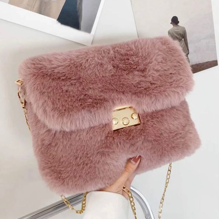 Minimalist Chain Flap Fluffy Baguette Bag Trendy Evening Shoulder Bag For Winter, Chic Evening Shoulder Bag For Winter, Winter Rectangular Shoulder Bag With Detachable Strap, Winter Evening Rectangular Shoulder Bag, Rectangular Shoulder Bag For Winter Evenings, Chic Pink Winter Shoulder Bag, Chic Pink Shoulder Bag For Winter, Chic Evening Bags For Winter, Chic Winter Pouch Shoulder Bag