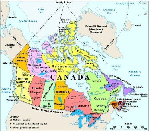 a map of canada with the capital and major cities