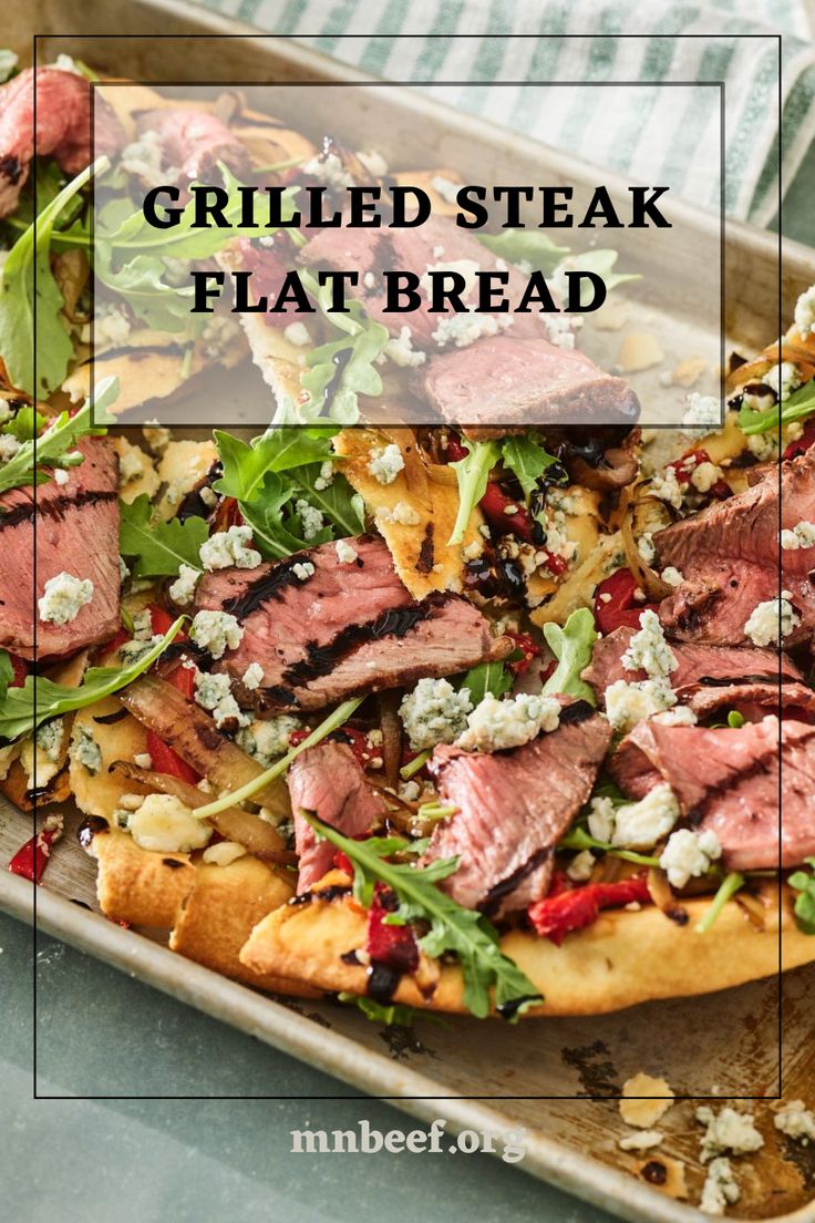 the grilled steak flat bread is topped with fresh herbs and feta cheese on top