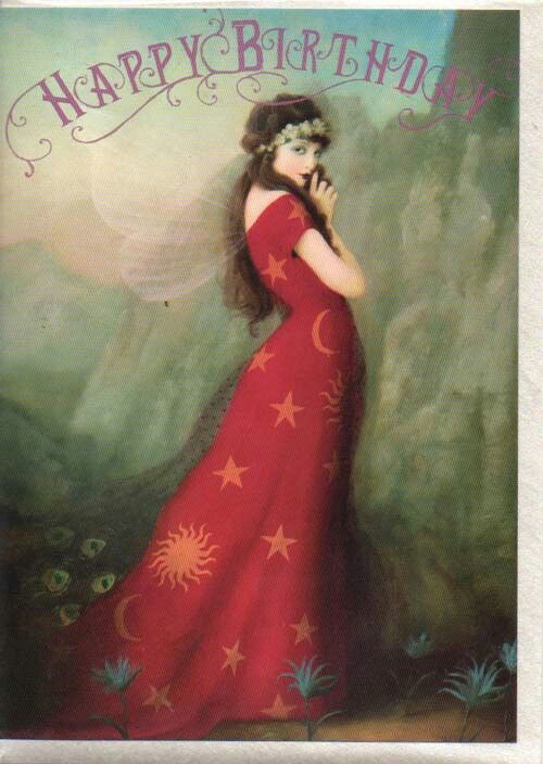 a painting of a woman in a red dress with stars on her head and wings