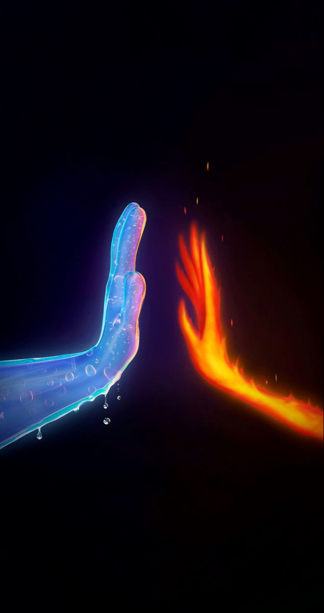 two hands are touching each other with fire in the air behind them on a black background