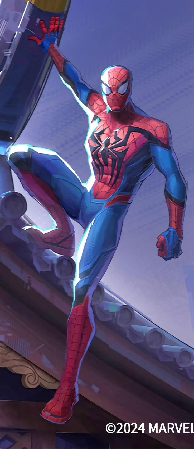 a spider - man standing on top of a roof