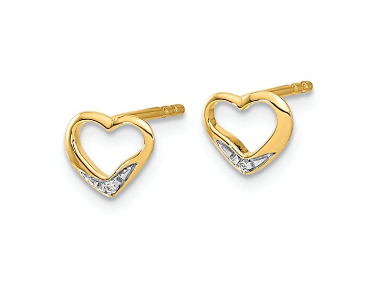 14k yellow gold and rhodium over 14k yellow gold diamond heart stud earrings. Measure approximately 3/16"L x 1/4"W and have push backings. Yellow Gold Diamond Heart Earrings For Anniversary, Valentine's Day Yellow Gold Diamond Heart Earrings, Yellow Gold Open Heart Cubic Zirconia Jewelry, Yellow Gold Heart Cut Earrings With Diamond Accents, Anniversary Fine Jewelry Open Heart Earrings, Heart Cut Yellow Gold Earrings With Diamond Accents, Heart Cut Yellow Gold Earrings For Anniversary, Yellow Gold Double Heart Jewelry With Diamond Accents, Gold Open Heart Jewelry With Diamond Accents