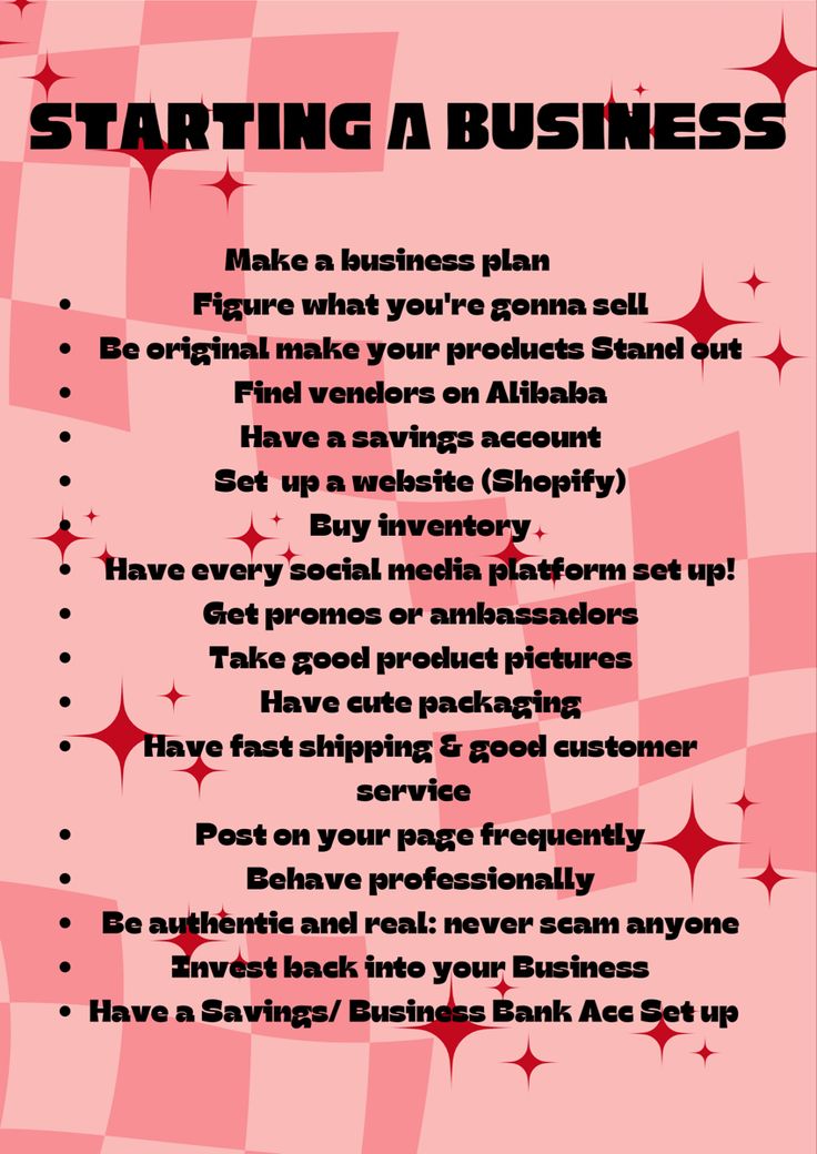 a pink poster with the words starting a business written in red and white on it