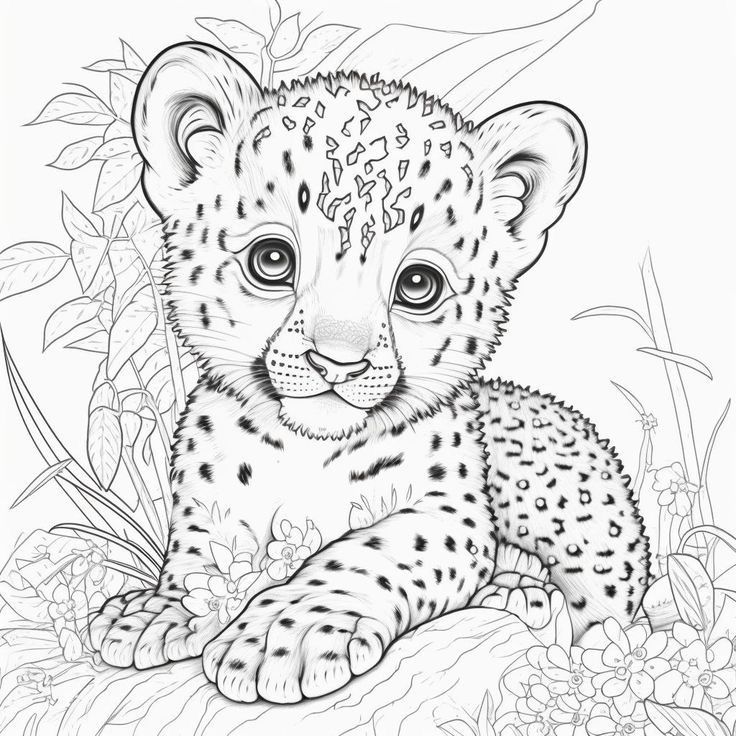 a black and white drawing of a baby cheetah laying down in the grass