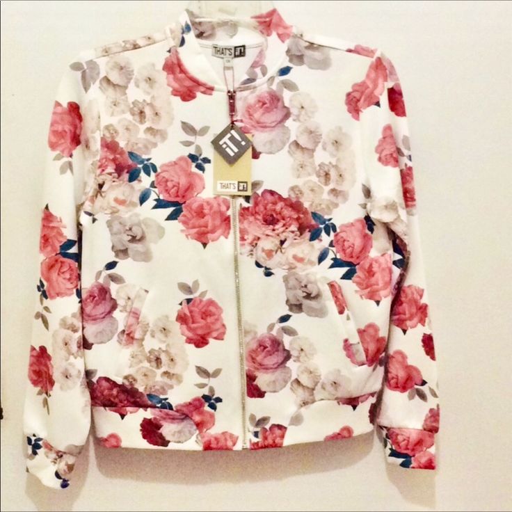 That ‘S It White Bomber Jacket With Beige And Pink Flower And Two Inside Pockets White Floral Print Outerwear For Fall, White Floral Print Winter Outerwear, White Spring Outerwear For Brunch, White Fall Outerwear For Brunch, Trendy White Floral Print Outerwear, Beige And Pink, Pink Flower, Inside Pocket, Pink Flowers