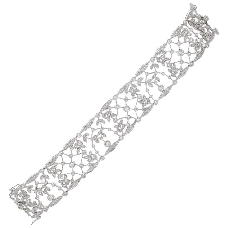 18-karat white gold Edwardian-inspired diamond lace bracelet. The ornate and open lace look creates the Edwardian look from the 1900’s. The skill, design, and attention to detail are explicit. On the clasp, there is a safety on both sides. The bracelet measures 6.5 inches Antique Cushion Cut Diamond, Bridal Diamond Necklace, Diamond Cluster Earrings, Bracelet Tennis, Lace Bracelet, Edwardian Jewelry, Edwardian Style, Diamond Jewelry Designs, Diamond Dangle Earrings