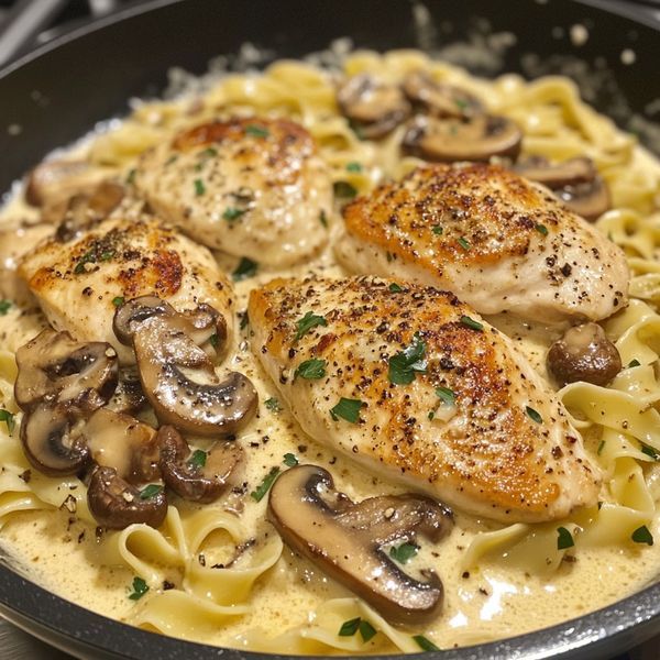 chicken with mushrooms and pasta in a skillet