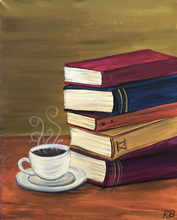 a painting of books and a cup of coffee