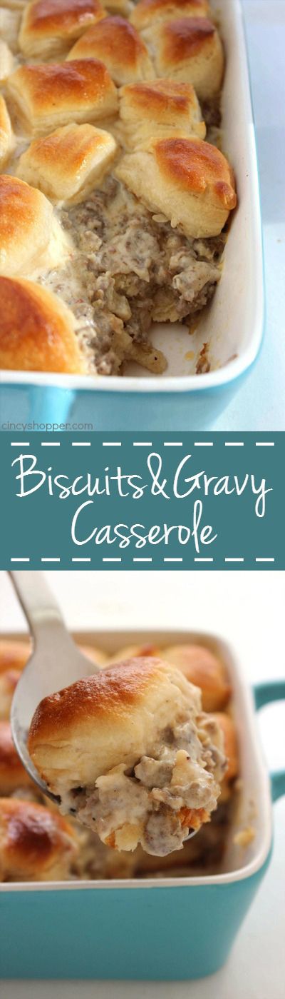 the casserole dish is filled with biscuits and gravy, then topped with cheese