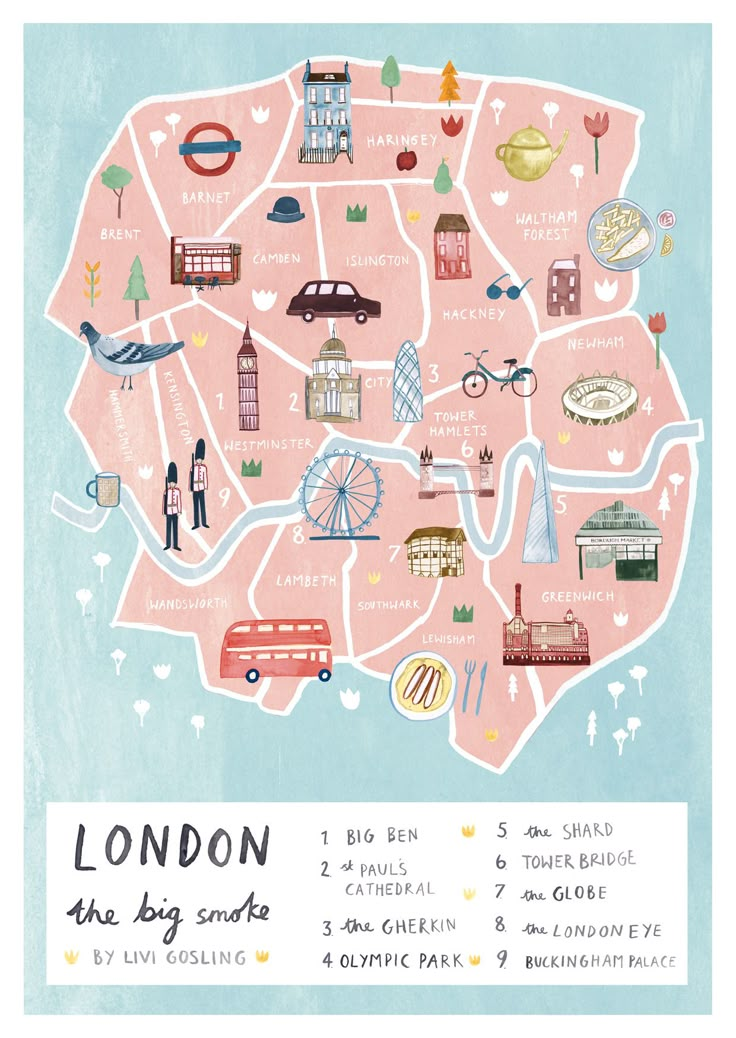 an illustrated map of london with all the major attractions and places to go on it