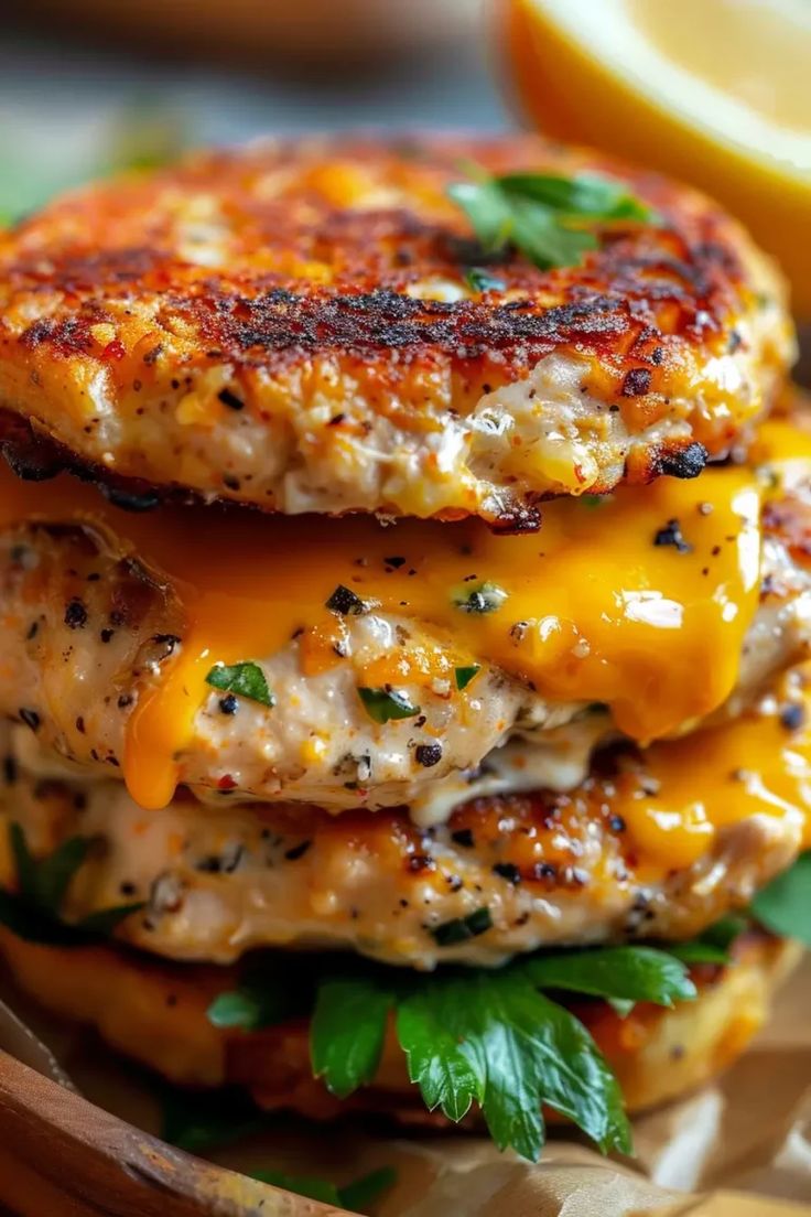 two chicken patties stacked on top of each other with cheese and green leafy garnish