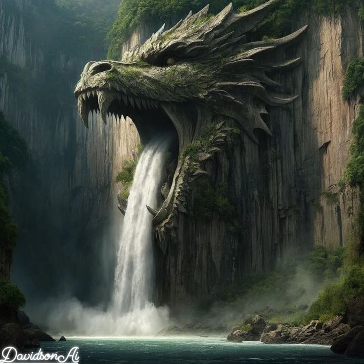 a waterfall with a dragon head sticking out of it