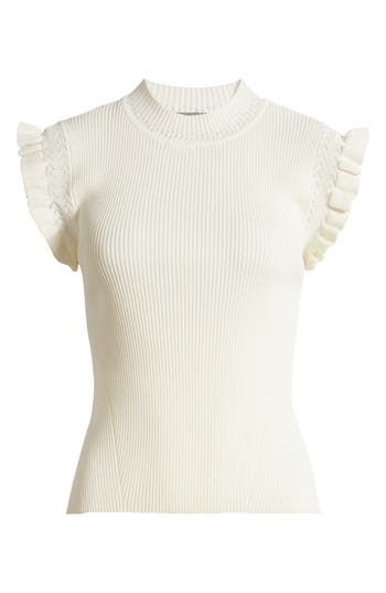 Ruffled cuffs and lacy stitching sweeten the vibe of this cap-sleeve sweater knit with dense, stretchy ribbing that gives it its figure-skimming fit. Mock neck Cap sleeves 63% viscose, 37% nylon Hand wash, dry flat Imported Spring Knit Tops With Scalloped Edges, Elegant Cream Ribbed Tops, Elegant Cream Ribbed Knit Top, Elegant Ribbed Cream Knit Top, Elegant Ruffled Knit Top For Spring, Elegant Spring Ruffle Knit Top, Elegant Ruffle Knit Top For Spring, Fitted Ruffle Knit Top With Short Sleeves, Fitted Knit Top With Ruffles And Short Sleeves