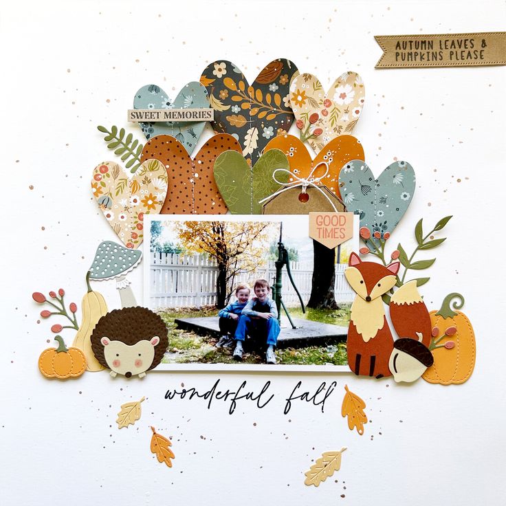 a scrapbook page with an image of two children in the fall leaves and one boy sitting on a bench