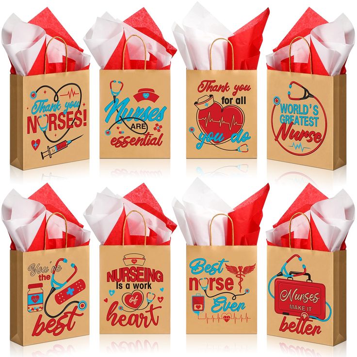 six shopping bags with different designs on them