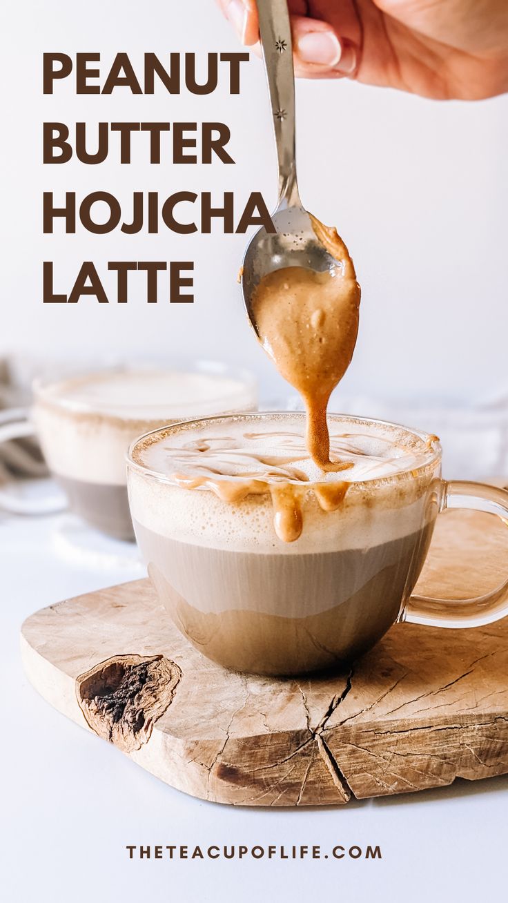 peanut butter houchha latte is being drizzled with caramel