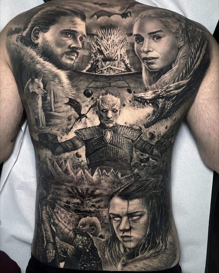 the back of a man's body covered in tattoos with game of thrones characters