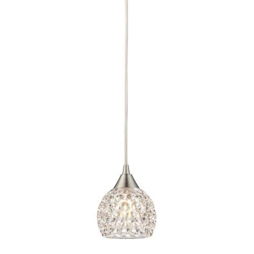 a chrome and crystal pendant light fixture with an oval glass ball hanging from the ceiling