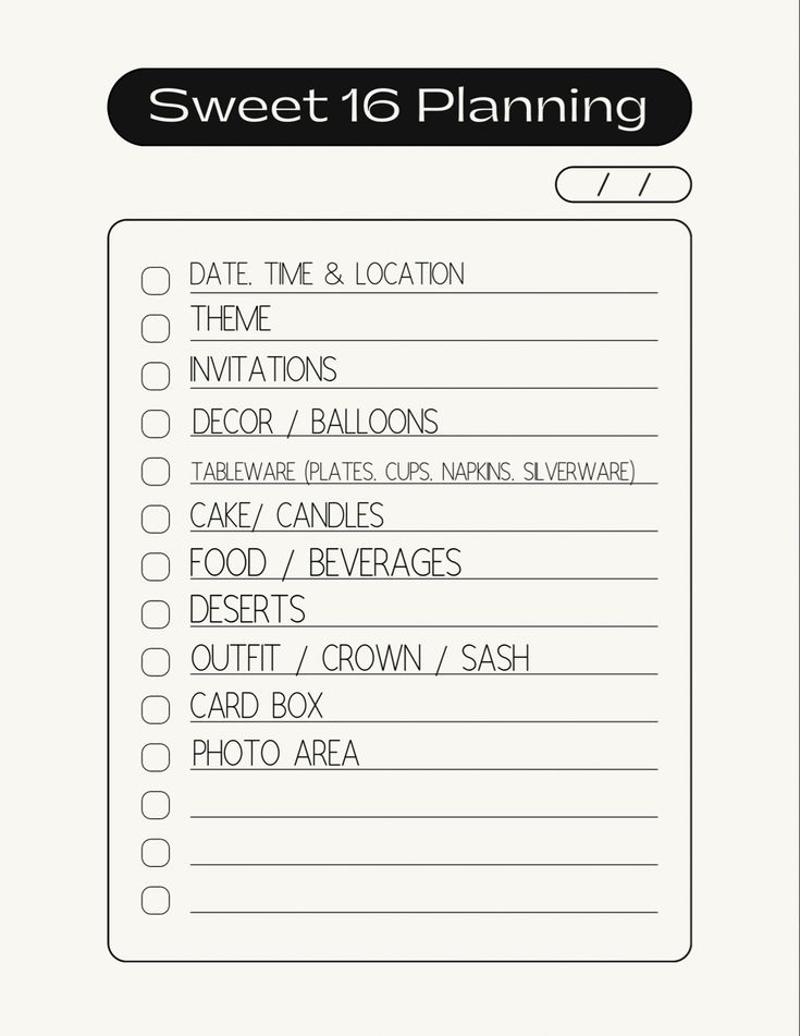 a printable wedding checklist with the text sweet 16 planning in black and white