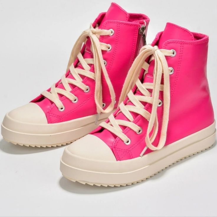 Pink Mid Top Sneakers Pu Leather Cream Sole And Cream Shoestrings Shoestrings Wraps Around The Sneaker Runs Small Please Go Up In Size Pink Leather High-top Sneakers With Vulcanized Sole, Pink High-top Sneakers For Walking, Neon Sneakers, Pink High Tops, White Platform Sneakers, Black High Top Sneakers, Rainbow Sneakers, Metallic Sneakers, Mid Top Sneakers