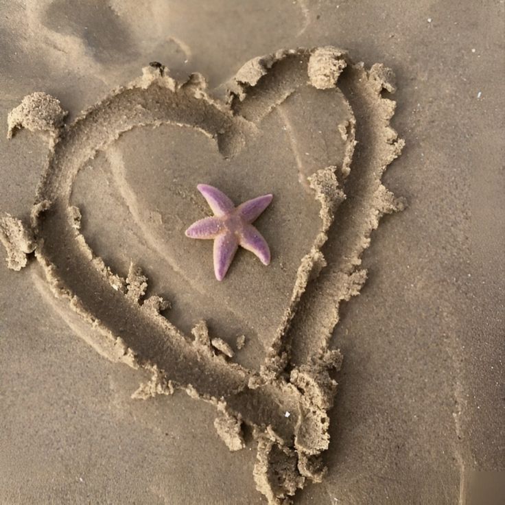 a starfish in the shape of a heart on sand