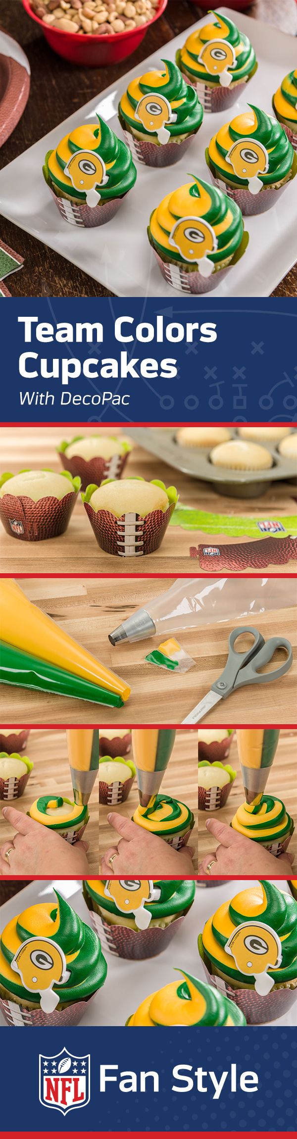 the team colors cupcakes are being made with decorating supplies from nfl fan style