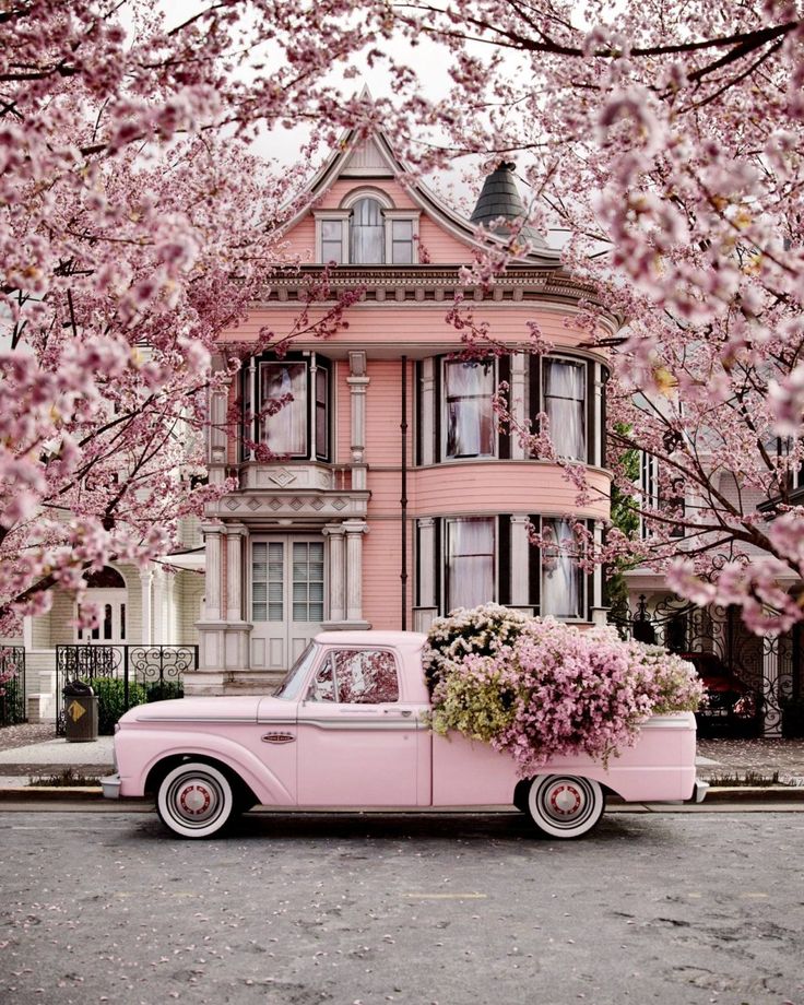 an old pink truck with flowers in the bed