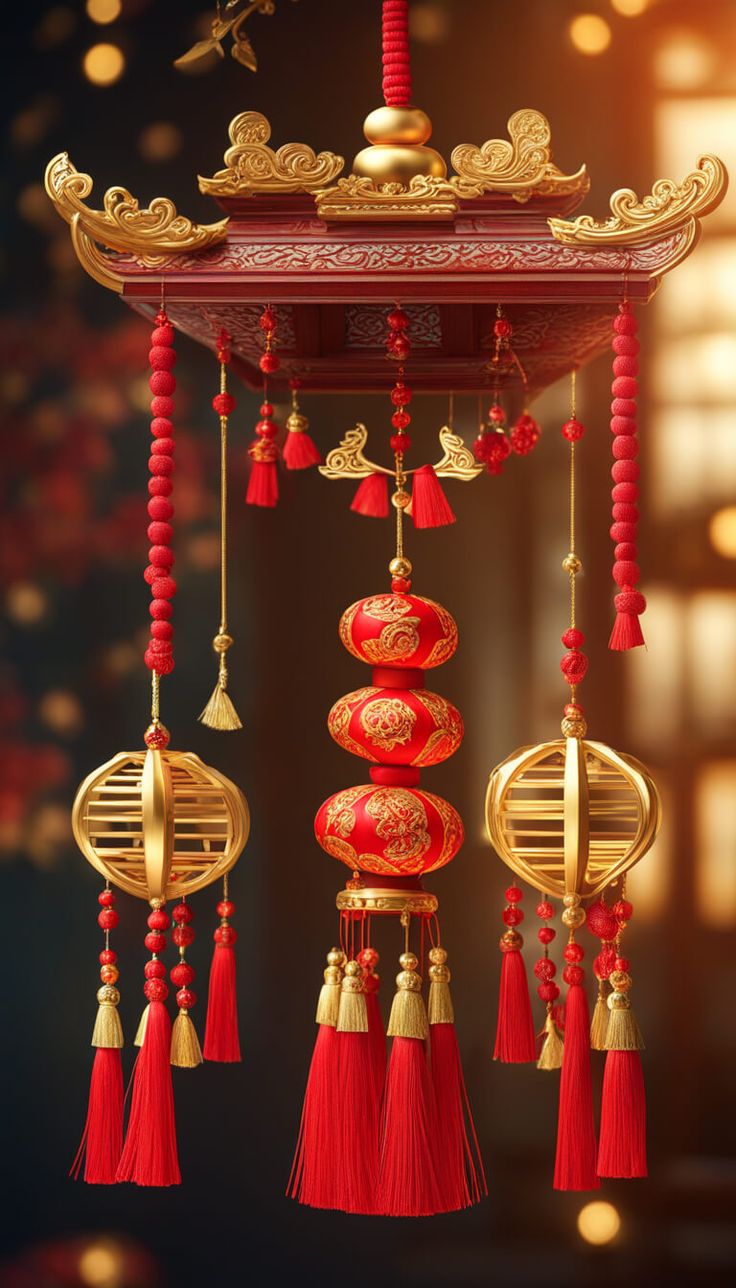 red and gold decorations hanging from the ceiling in front of a dark background with lights