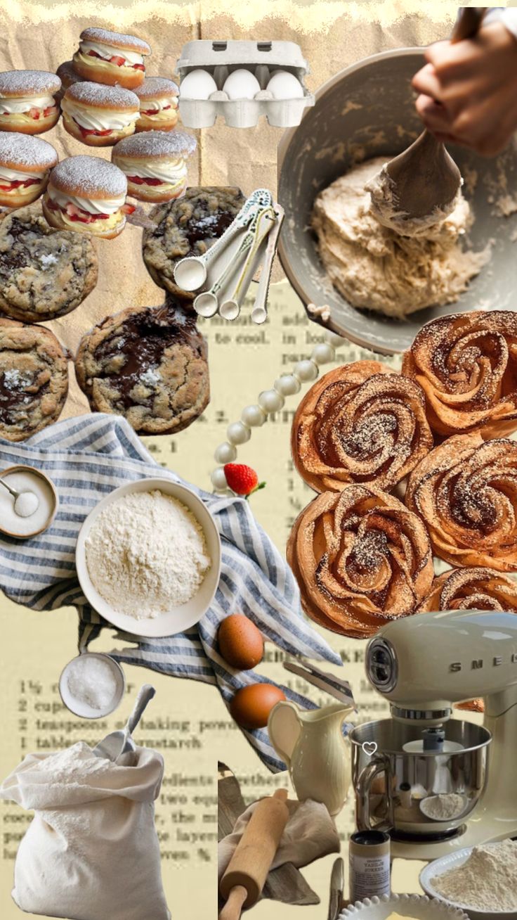 a collage of different pastries and doughnuts, including an electric mixer