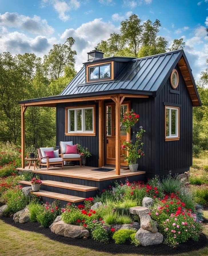 a small black house with flowers and rocks around it