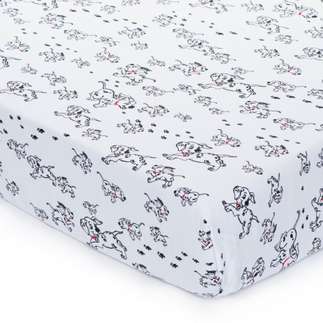 a white sheet with black and red cartoon dogs on it's side, in front of a white background