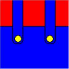 a blue and red square with two yellow balls on it's sides, in the middle