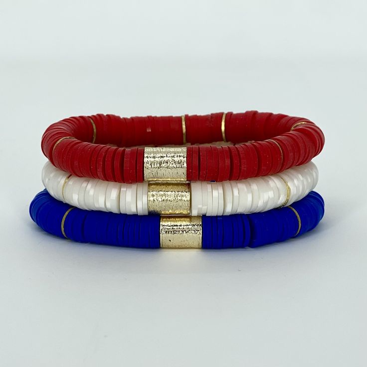 Who doesn’t love The Red, The White & The Blue stack. Paired it with the matching earrings to complete your look. Bracelets are “one size fits most” and are designed to fit wrists up to 7.0”. Custom sizes available upon request. Please email designsby.kb@yahoo.com once your oder is placed. *Bracelets usually ship within 3-5 business days. Patriotic Blue Bracelets For Beach, Adjustable Blue Jewelry For 4th Of July, Blue Adjustable Bracelets For 4th Of July, Blue Adjustable Stretch Bracelet For 4th Of July, Red Bracelets For 4th Of July Gift, Adjustable Red Beaded Bracelets For 4th Of July, Blue Jewelry For 4th Of July Beach Day, Patriotic Red Adjustable Beaded Bracelet, Red Jewelry For 4th Of July Gift