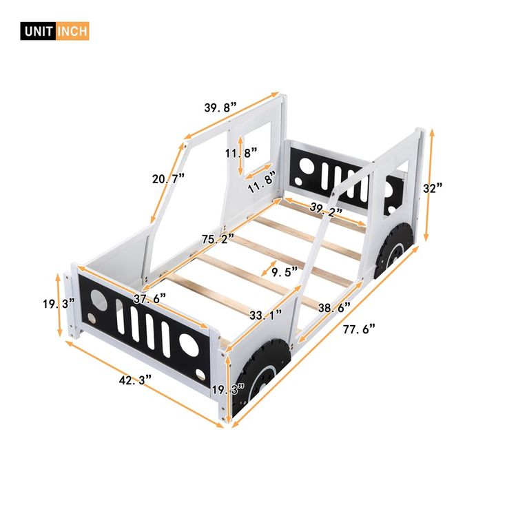 an image of a bed frame with measurements for the bottom and side rails on it