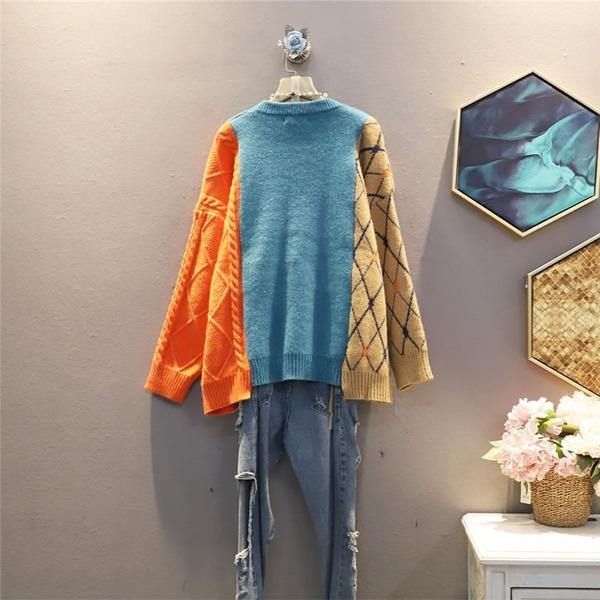 Women Patchwork Pleated Goddess Fan Full Sleeve 2020 Winter Elegant Loose Sweater - Omychic Long Sleeve Patchwork Sweater For Fall, Winter Long Sleeve Patchwork Cardigan, Winter Patchwork Long Sleeve Cardigan, Winter Acrylic Outerwear With Patchwork, Blue Patchwork Sweater For Winter, Trendy Blue Patchwork Sweater, Winter Patchwork Acrylic Sweater, Winter Acrylic Sweater With Patchwork, Oversized Acrylic Crew Neck Outerwear