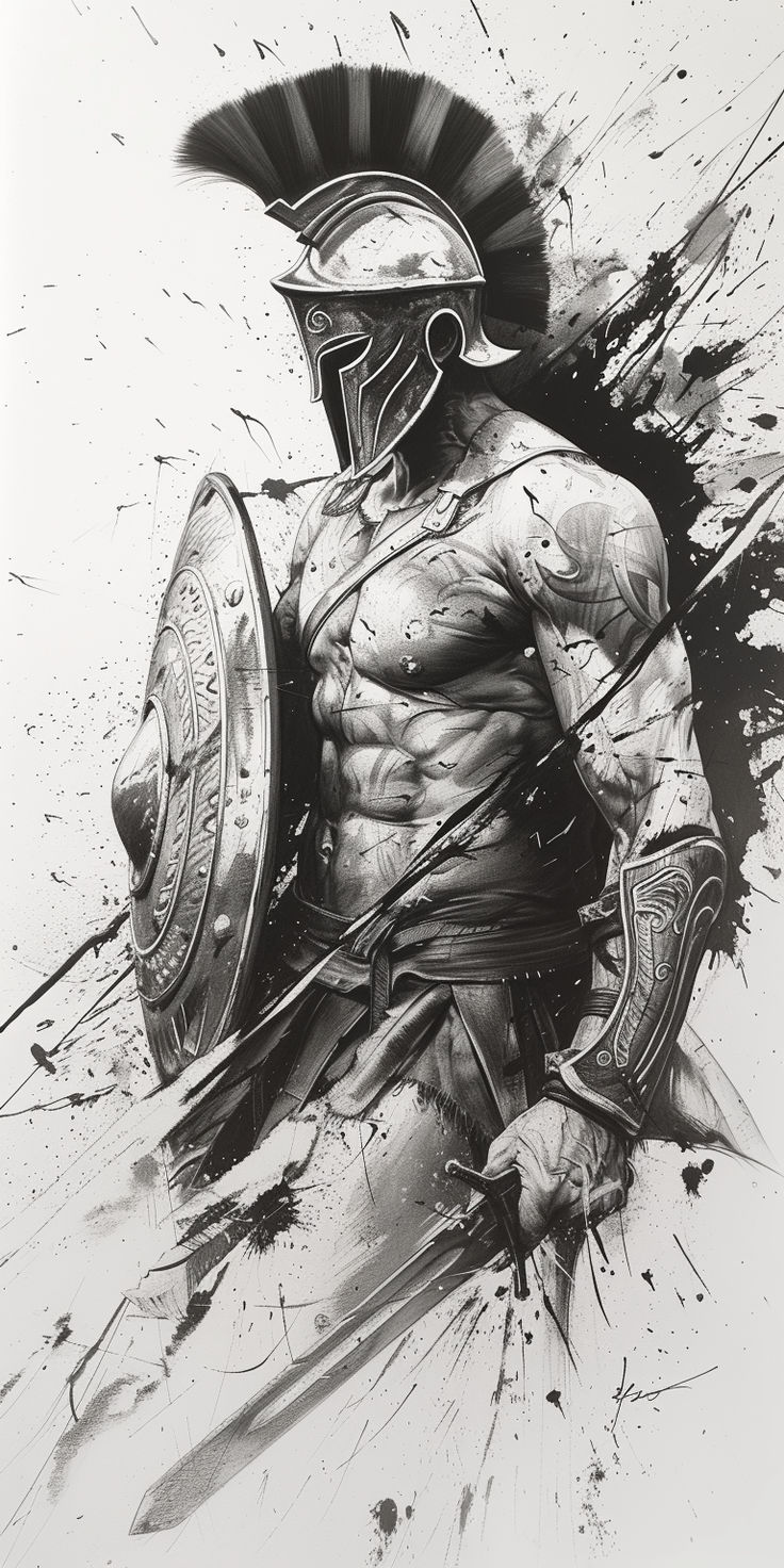 a black and white drawing of a roman soldier