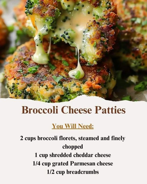 broccoli cheese patties are stacked on top of each other with sauce drizzled over them