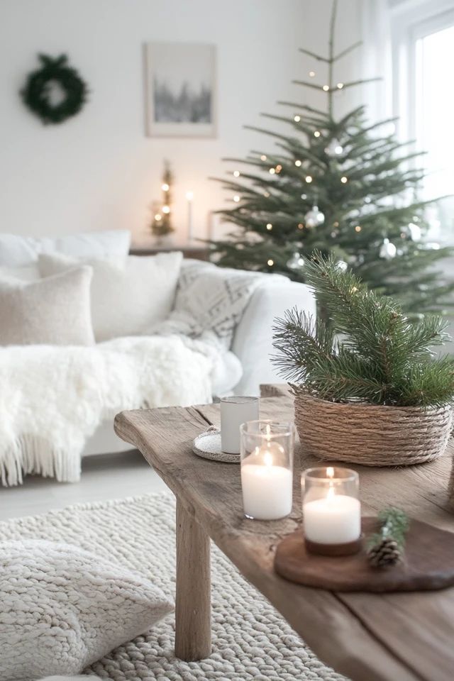 a living room filled with furniture and a christmas tree on top of a wooden table