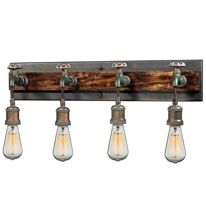 three light fixtures hanging from a wooden beam with four bulbs on each side and one bulb attached to the wall