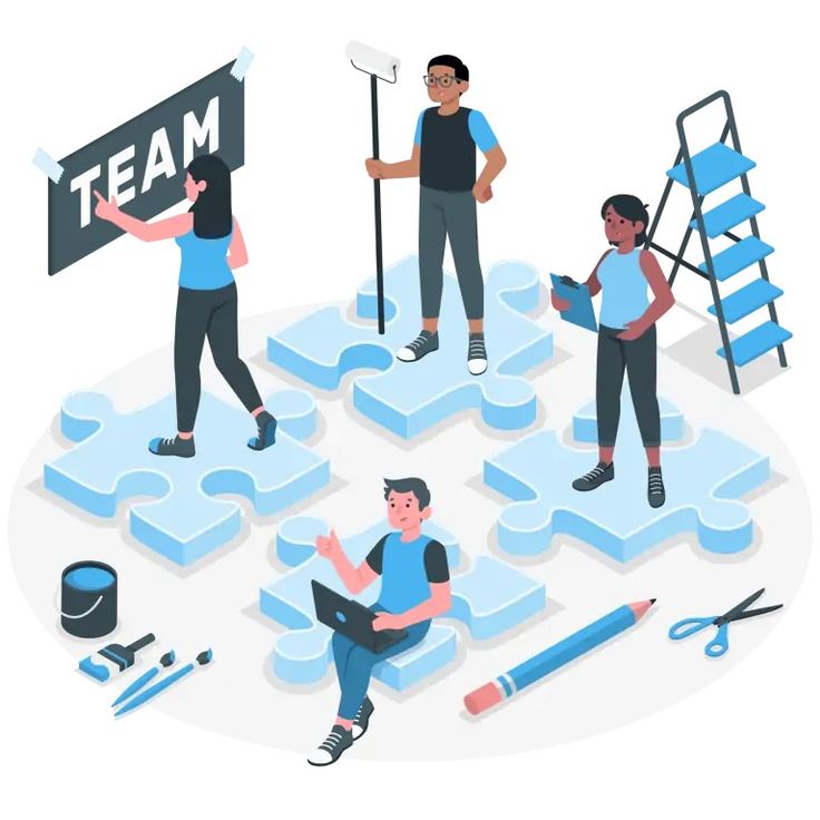 people are working on puzzle pieces with the word team above them and tools around them