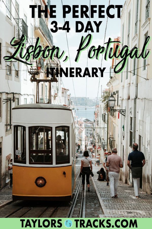 people walking down the street in front of a trolley car with text overlay that reads, the perfect 3 - day urban portugal itinerary